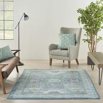 4' X 6' Ivory Blue and Green Oriental Distressed Non Skid Area Rug