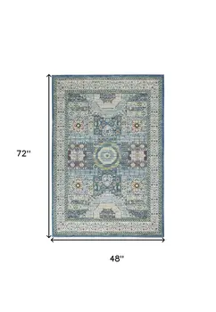 4' X 6' Ivory Blue and Green Oriental Distressed Non Skid Area Rug
