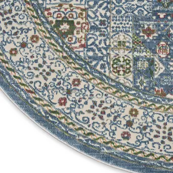 6' Ivory Blue and Green Oriental Distressed Non Skid Round Rug