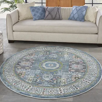 6' Ivory Blue and Green Oriental Distressed Non Skid Round Rug