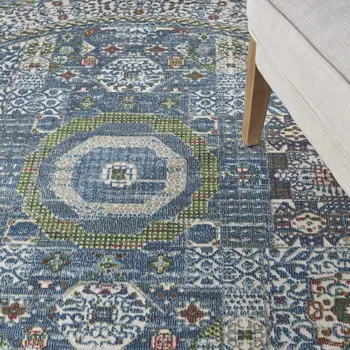 6' Ivory Blue and Green Oriental Distressed Non Skid Round Rug