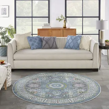6' Ivory Blue and Green Oriental Distressed Non Skid Round Rug