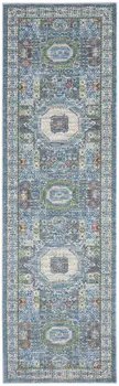6' Ivory Blue and Green Oriental Distressed Non Skid Runner Rug