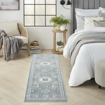 6' Ivory Blue and Green Oriental Distressed Non Skid Runner Rug
