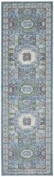 6' Ivory Blue and Green Oriental Distressed Non Skid Runner Rug