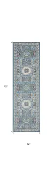 6' Ivory Blue and Green Oriental Distressed Non Skid Runner Rug