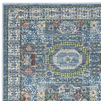 6' Ivory Blue and Green Oriental Distressed Non Skid Runner Rug