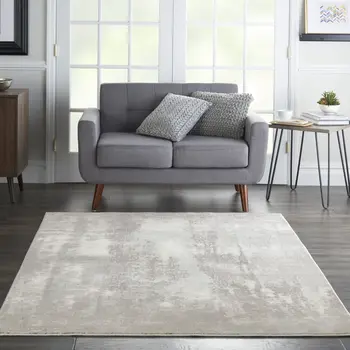 4' X 6' Gray Ivory and Light Blue Abstract Non Skid Area Rug