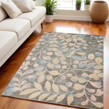 5' X 7' Beige Gray And Blue Tropical Floral Area Rug