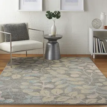 5' X 7' Beige Gray And Blue Tropical Floral Area Rug