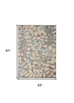 5' X 7' Beige Gray And Blue Tropical Floral Area Rug