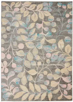 6' X 9' Beige Gray And Blue Botanical Leaves Area Rug