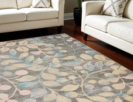 6' X 9' Beige Gray And Blue Botanical Leaves Area Rug