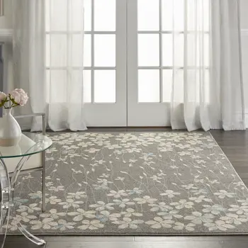 6' X 9' Beige And Gray Floral Area Rug