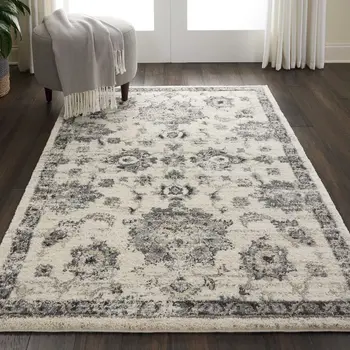 4' X 6' Cream and Gray Floral Medallion Distressed Area Rug