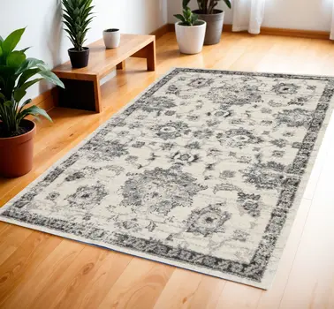 4' X 6' Cream and Gray Floral Medallion Distressed Area Rug