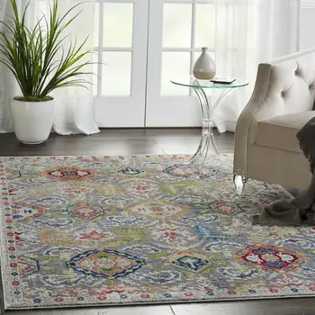 4' X 6' Ivory Gray and Orange Floral Distressed Non Skid Area Rug