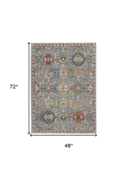 4' X 6' Ivory Gray and Orange Floral Distressed Non Skid Area Rug