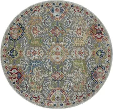 6' Blue Gray and Green Floral Distressed Non Skid Round Rug
