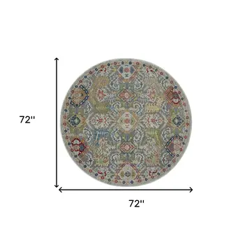 6' Blue Gray and Green Floral Distressed Non Skid Round Rug