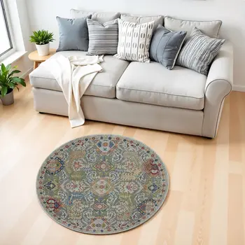 6' Blue Gray and Green Floral Distressed Non Skid Round Rug