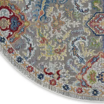 6' Blue Gray and Green Floral Distressed Non Skid Round Rug