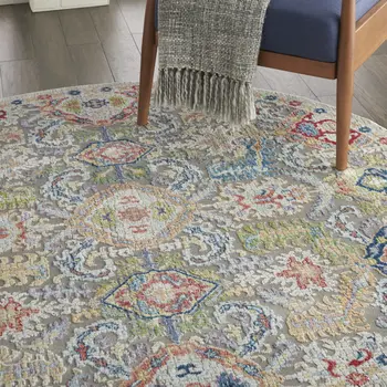 6' Blue Gray and Green Floral Distressed Non Skid Round Rug