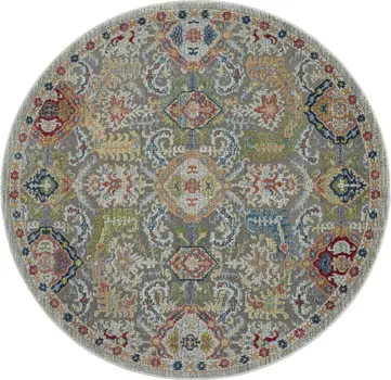 6' Blue Gray and Green Floral Distressed Non Skid Round Rug