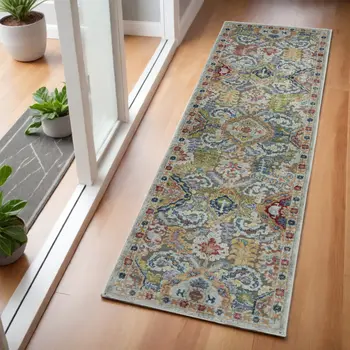 6' Ivory Gray and Orange Floral Distressed Non Skid Runner Rug