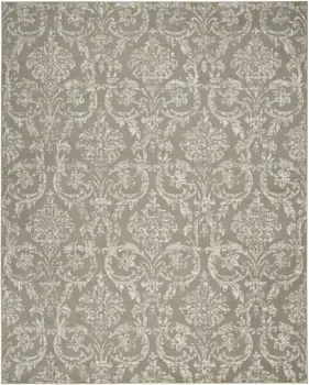 8' X 10' Olive Green and Ivory Damask Distressed Non Skid Area Rug