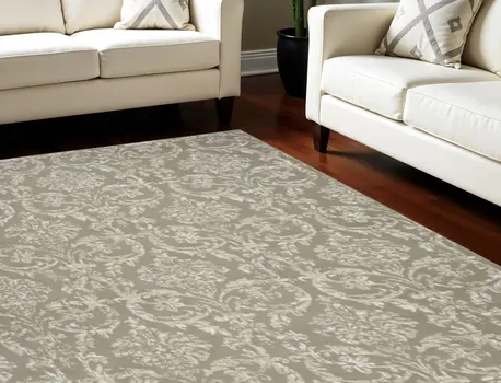 8' X 10' Olive Green and Ivory Damask Distressed Non Skid Area Rug