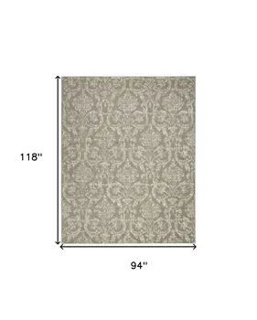 8' X 10' Olive Green and Ivory Damask Distressed Non Skid Area Rug