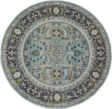 6' Teal Blue Orange and Black Floral Distressed Non Skid Round Rug