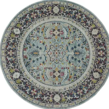 6' Teal Blue Orange and Black Floral Distressed Non Skid Round Rug