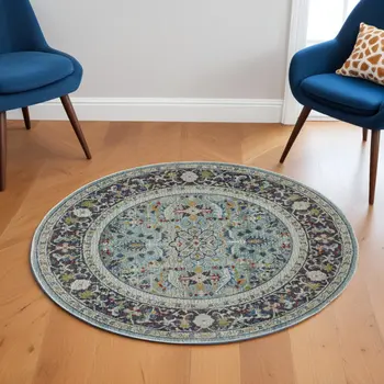 6' Teal Blue Orange and Black Floral Distressed Non Skid Round Rug
