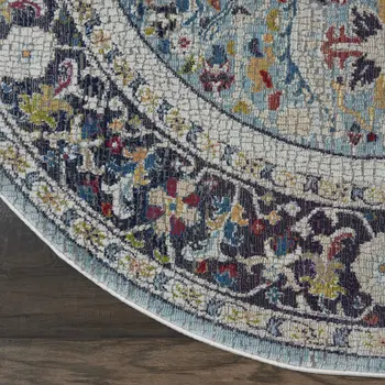 6' Teal Blue Orange and Black Floral Distressed Non Skid Round Rug