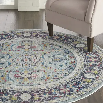 6' Teal Blue Orange and Black Floral Distressed Non Skid Round Rug