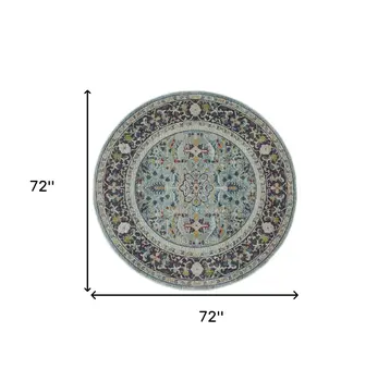 6' Teal Blue Orange and Black Floral Distressed Non Skid Round Rug