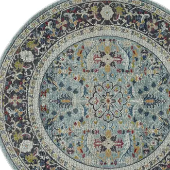 6' Teal Blue Orange and Black Floral Distressed Non Skid Round Rug
