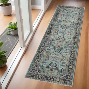 6' Teal Blue Orange and Black Floral Distressed Non Skid Runner Rug