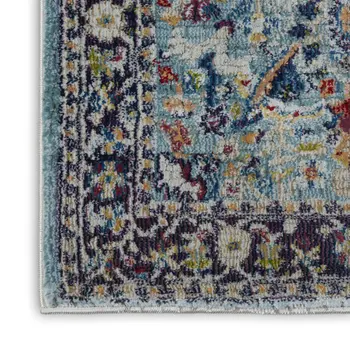 6' Teal Blue Orange and Black Floral Distressed Non Skid Runner Rug