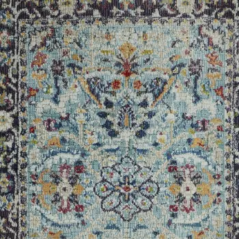 6' Teal Blue Orange and Black Floral Distressed Non Skid Runner Rug