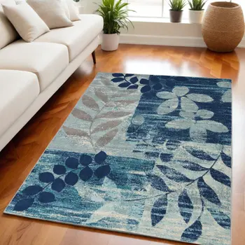 5' X 7' Navy Blue Light Blue and Gray Botanical Leaves Area Rug