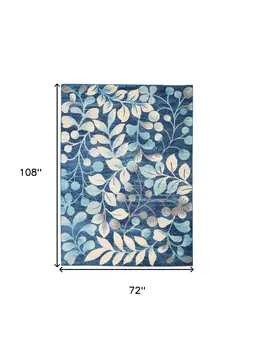 6' X 9' Navy Blue and Beige Botanical Leaves Area Rug