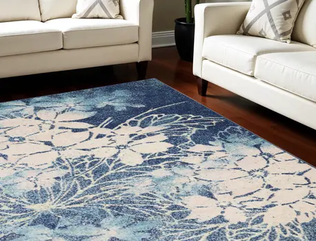 6' X 9' Navy Blue and Ivory Floral Area Rug