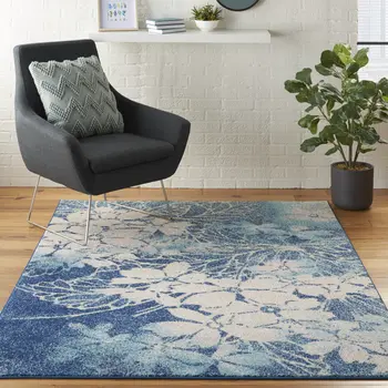 6' X 9' Navy Blue and Ivory Floral Area Rug