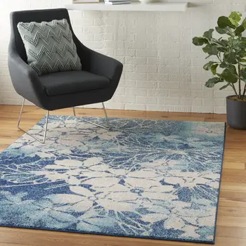 6' X 9' Navy Blue and Ivory Floral Area Rug