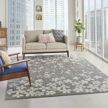 6' X 9' Navy Blue and Ivory Floral Area Rug