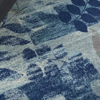 6' X 9' Navy Blue Light Blue and Gray Botanical Leaves Area Rug