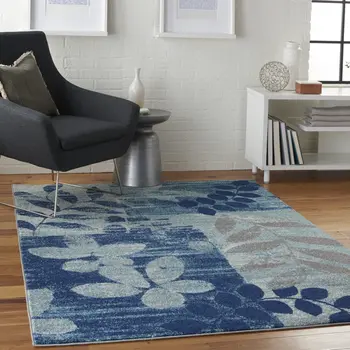 6' X 9' Navy Blue Light Blue and Gray Botanical Leaves Area Rug